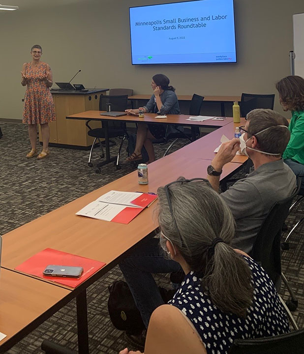 Janice Fine speaking at 1st Minneapolis Small Business Roundtable, Summer 2022