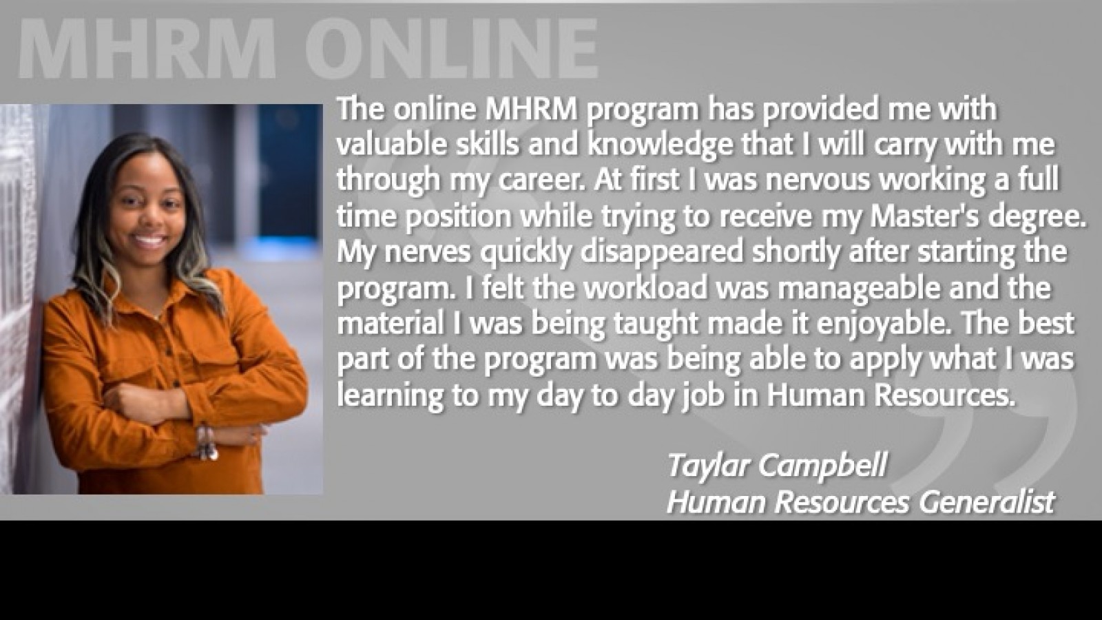 Image of Taylar Campbell Testimonial MHRM Online Program