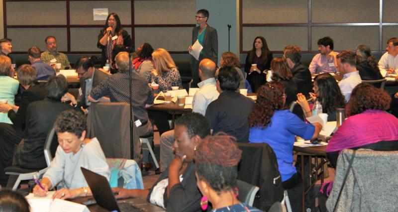 Photo of a speaker at the National Education Association meeting.