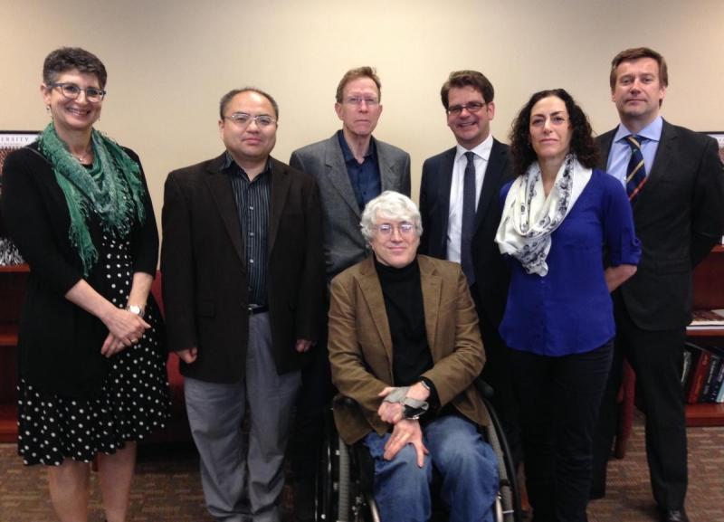 Rutgers School of Management and Labor Relations Associate Professor Janice Fine; Associate Professor Mingwei Liu; Professor Charles Heckscher; Distinguished Professor Douglas Kruse (seated); State Secretary Thorben Albrecht, Federal Ministry of Labour and Social Affairs; Professor Lisa Schur, Chair, Department of Labor Studies and Employment Relations; Dean James Hayton.